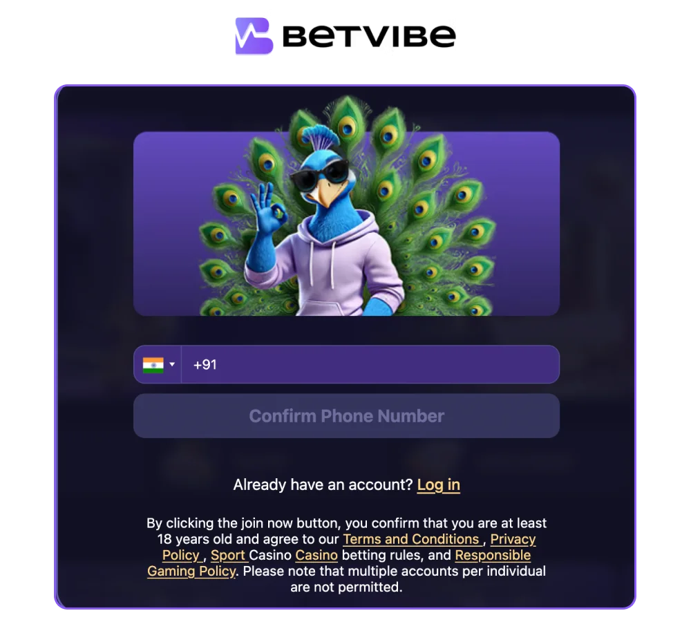 Create account on BetVibe India website